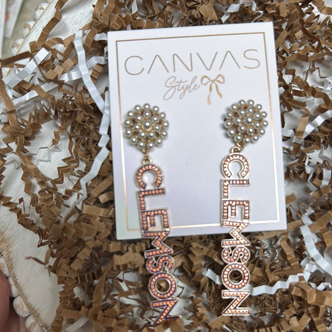 Clemson University college drop earrings with pearl cluster studs featuring "CLEMSON" in orange and purple.
