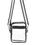 Clear bag with zipper pocket and black striped strap.