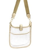Tall Rectangle Clear Stadium Bag with gold strap and trim.