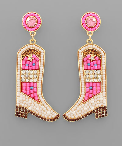 Pink beaded and rhinestone cowboy boots earrings.