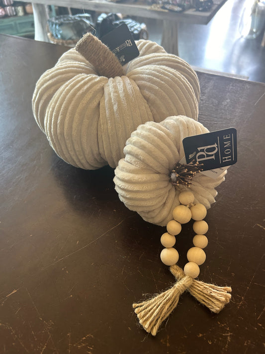 5” Beige Velvet Pumpkin with Beads