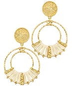 Gold Circle Earrings with cream.