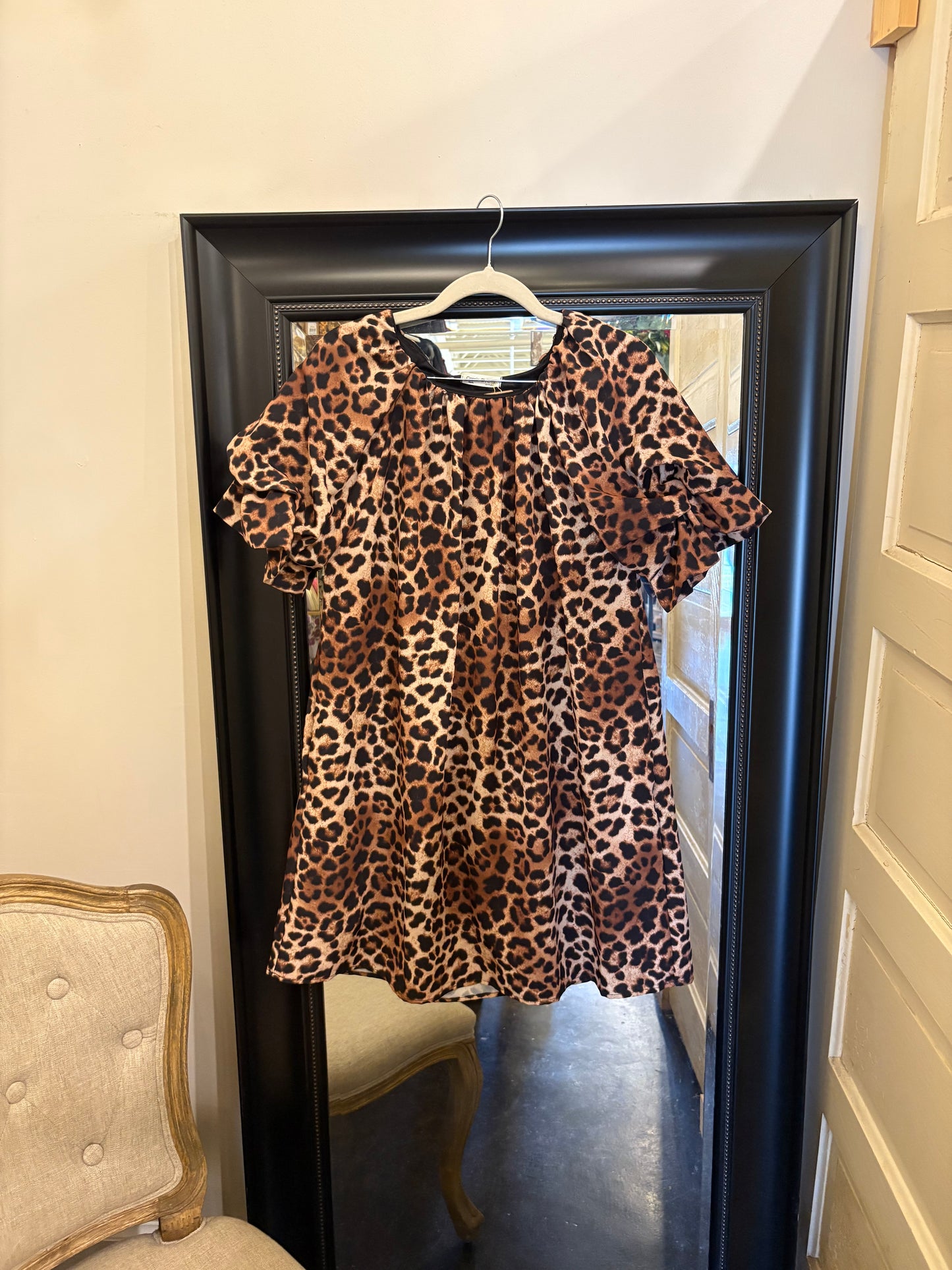Animal Print Tucked Sleeve Dress