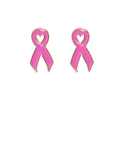 Earrings in the shape of a pink ribbon forming a heart in the center.