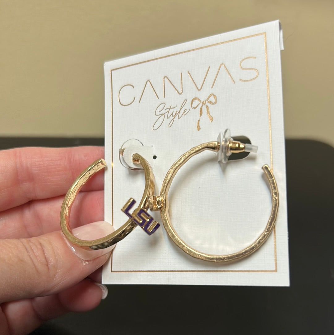 Gold College Enamel Hoop Earrings with Louisiana State University "LSU" logo.
