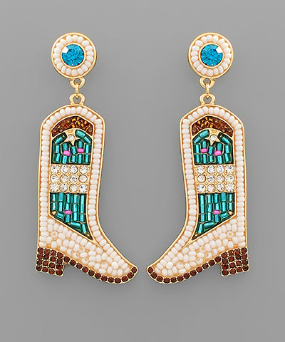 Blue beaded and rhinestone cowboy boots earrings.