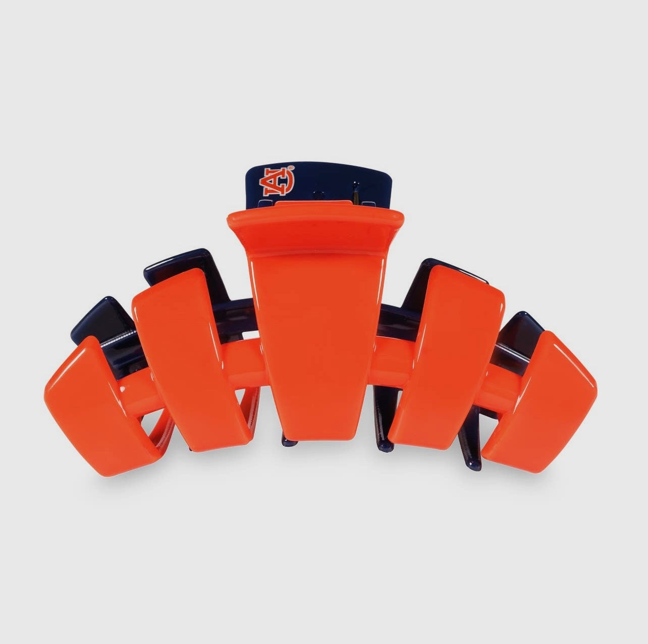 University of Auburn Collegiate Teletie Claw Clip in orange and blue. Side view.