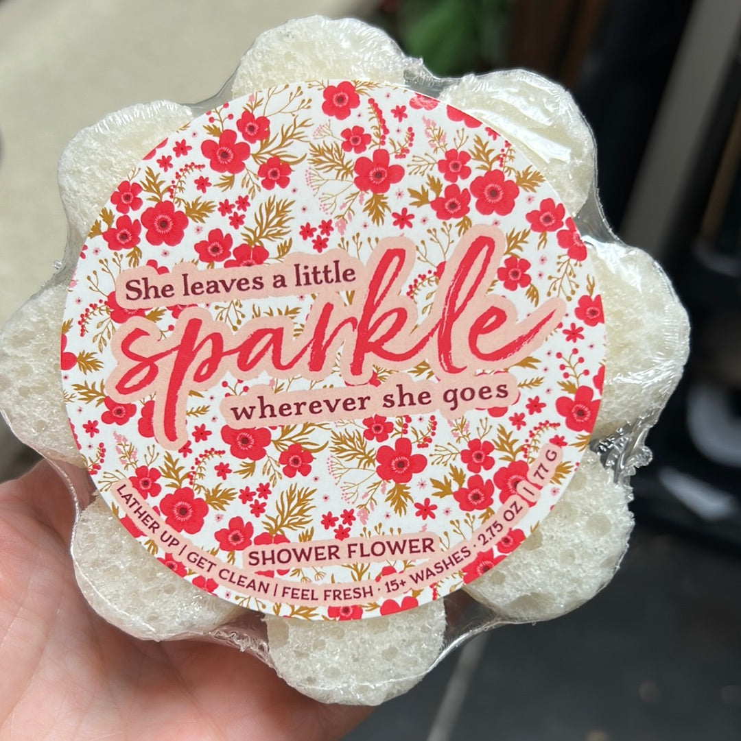 Caren "She leaves a little sparkle wherever she goes" shaped like a white flower.