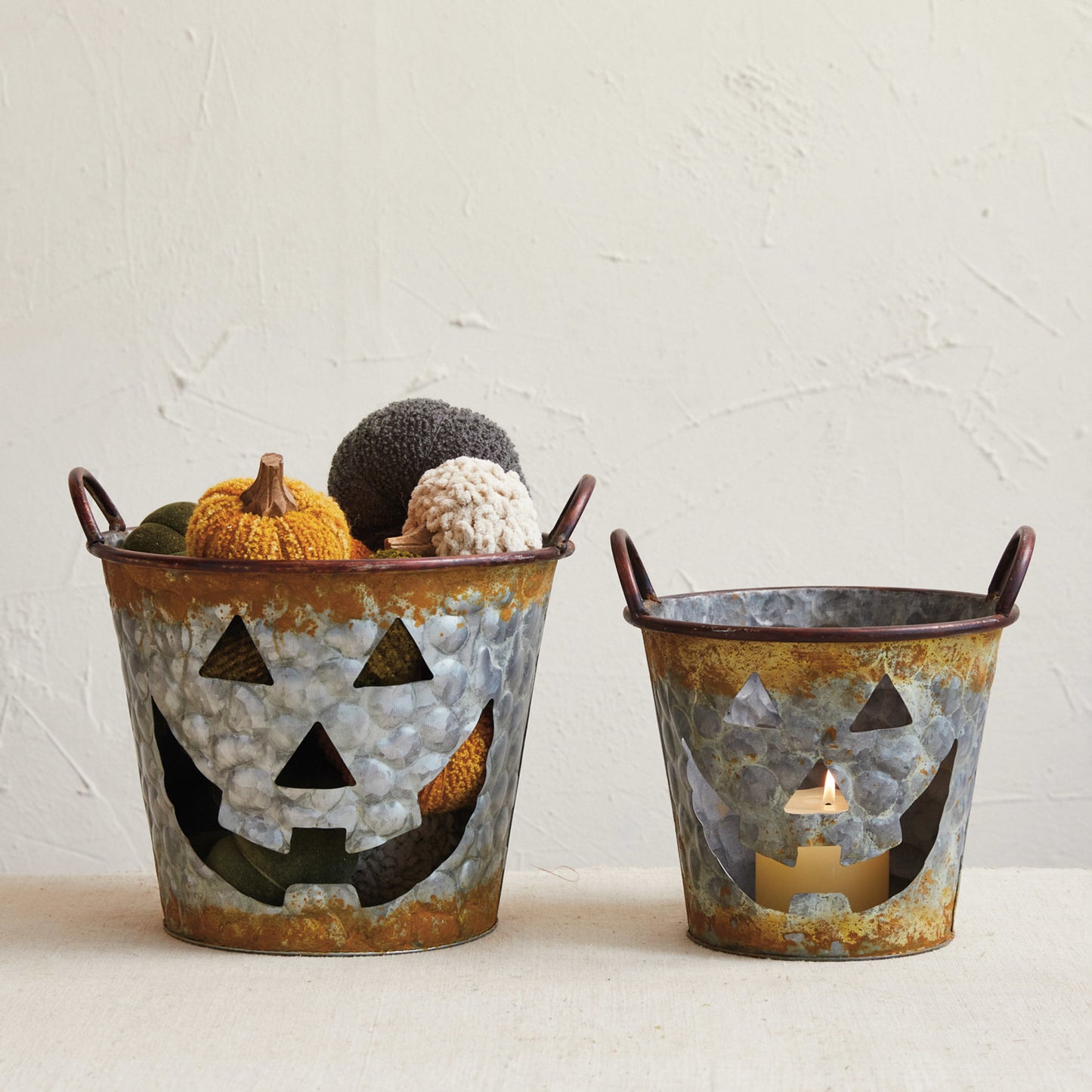 Decorative Galvanized Metal Buckets w/ Handles & Jack-O-Lantern Cut-Outs