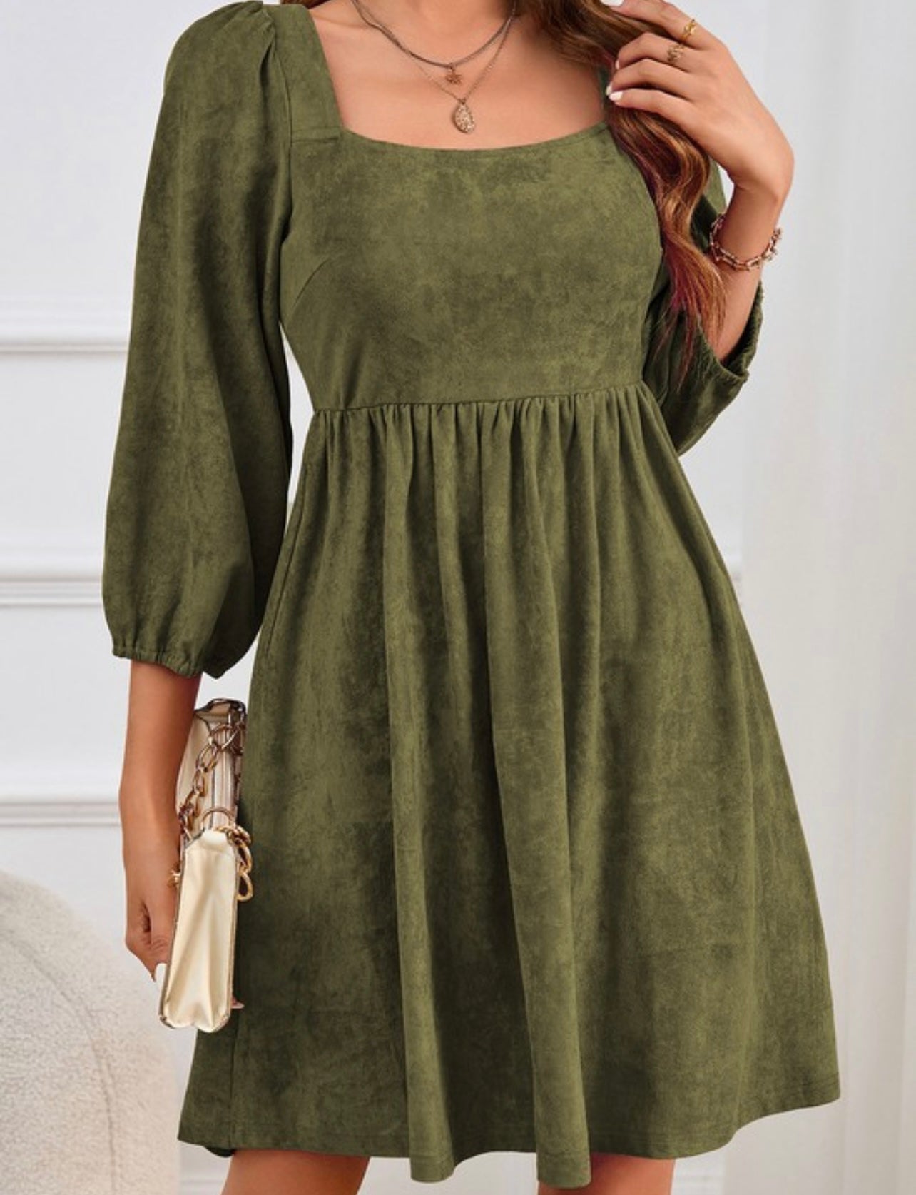 Olive Square Neck Suede Dress.
