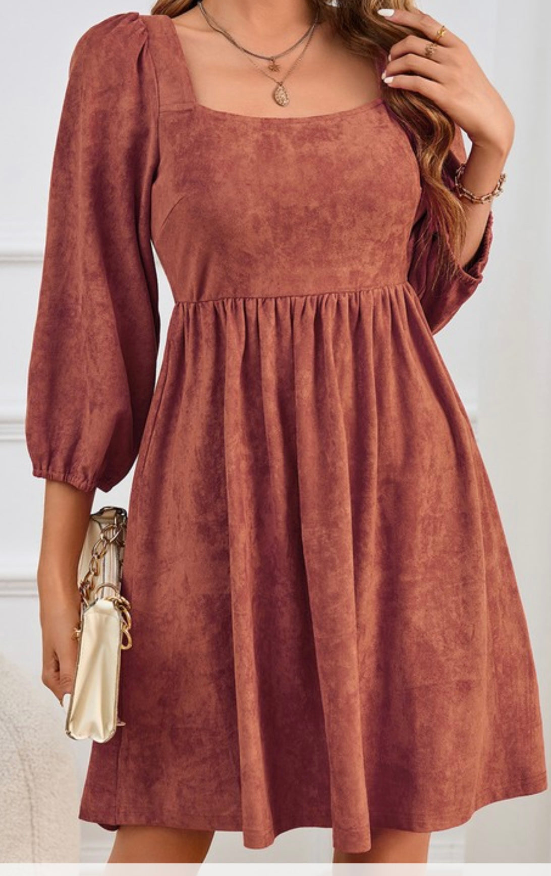 Rust Square Neck Suede Dress.