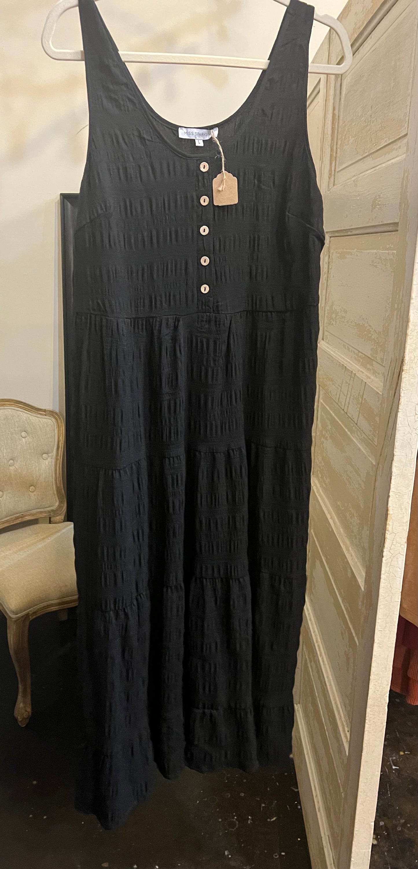 Black Faux Button Tank Tiered Dress.