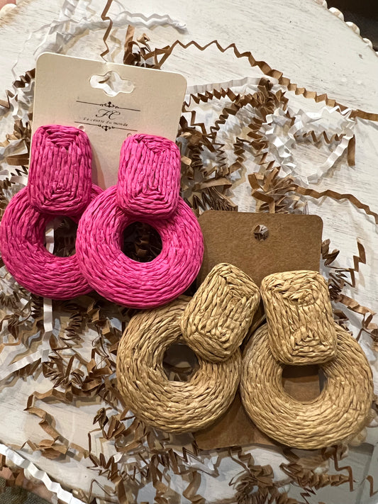 Tan circle raffia earrings with rectangle stud.