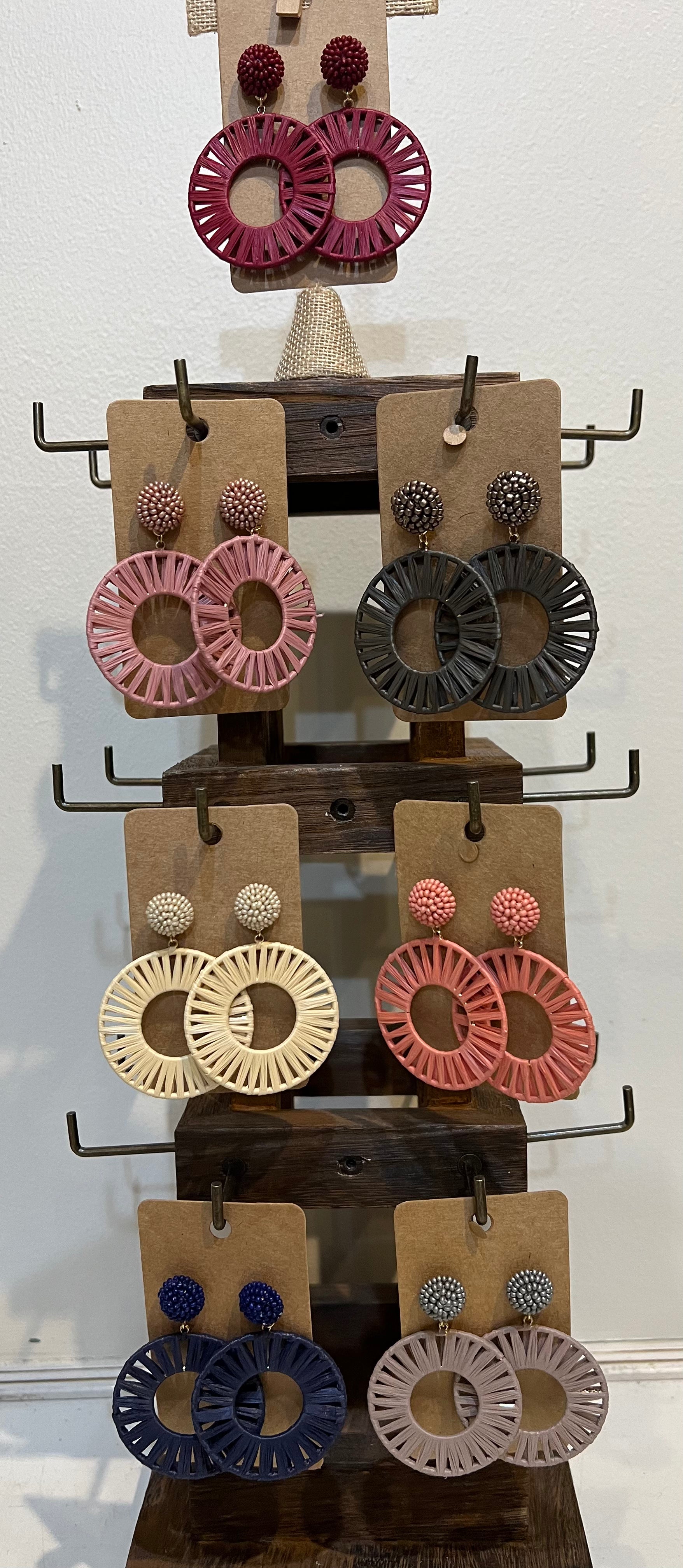 Assorted Beaded Stud Round Raffia Earrings.