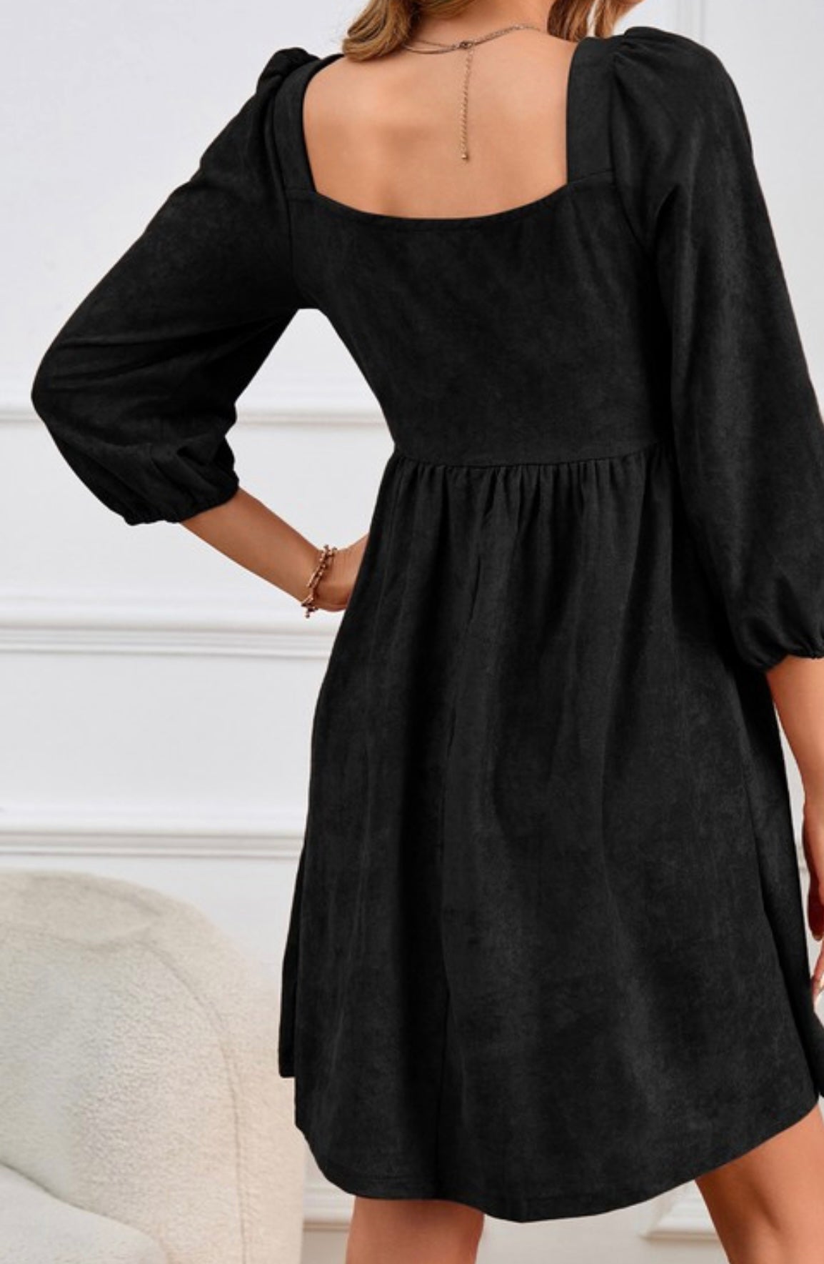 Black Square Neck Suede Dress.