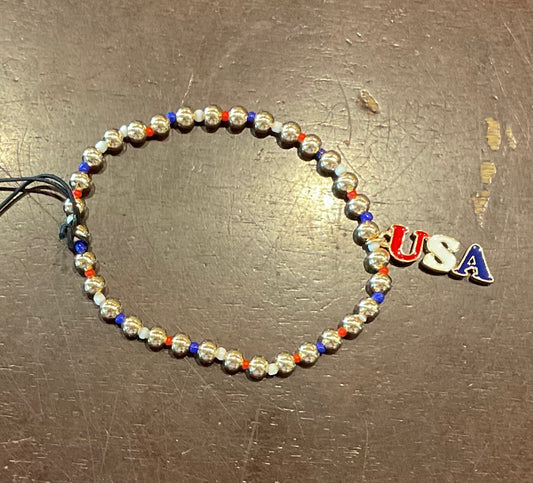 Canvas USA Ball Bead Stretch Bracelet in Red, Blue, & Satin Gold