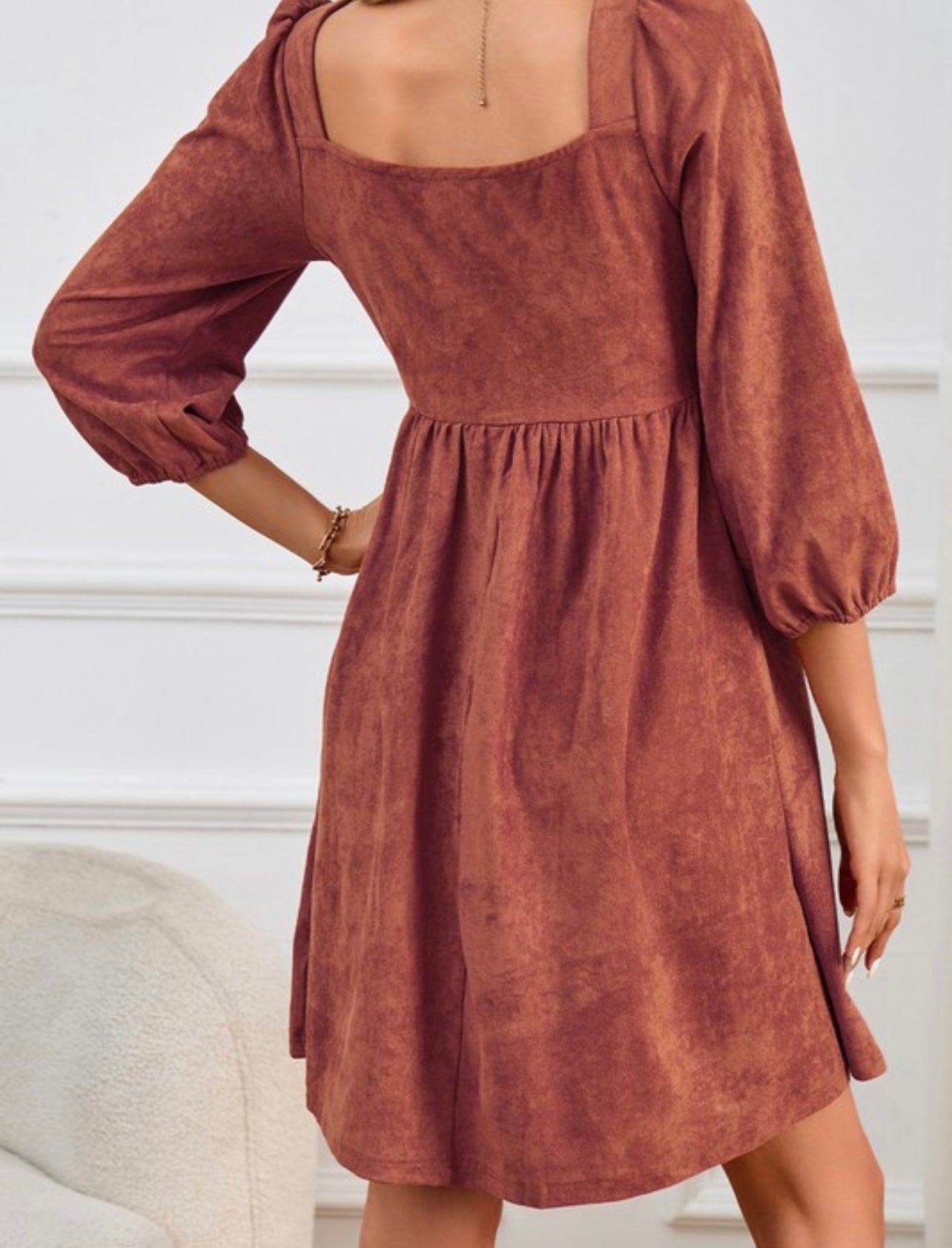 Rust Square Neck Suede Dress.