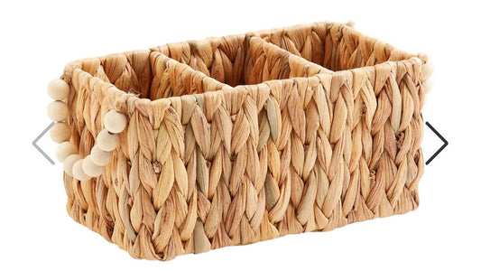 Hyacinth divided basket with wooden beaded handles.