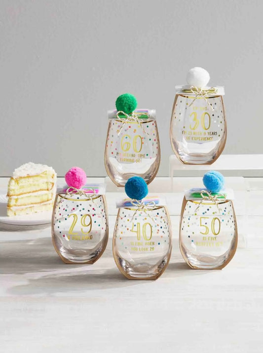 Stemless wine glasses with confetti details.