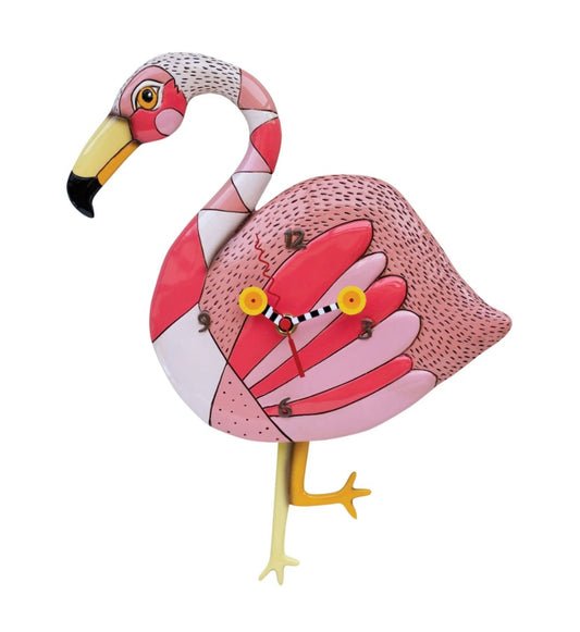 Clock shaped like a pink and white flamingo.