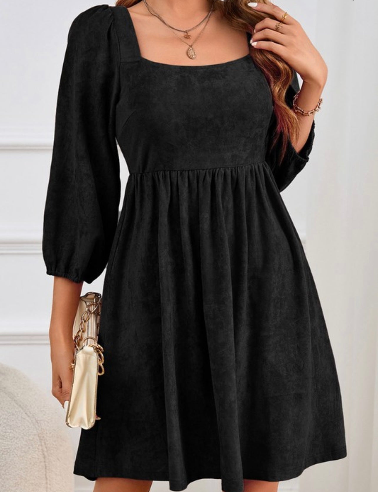 Black Square Neck Suede Dress.