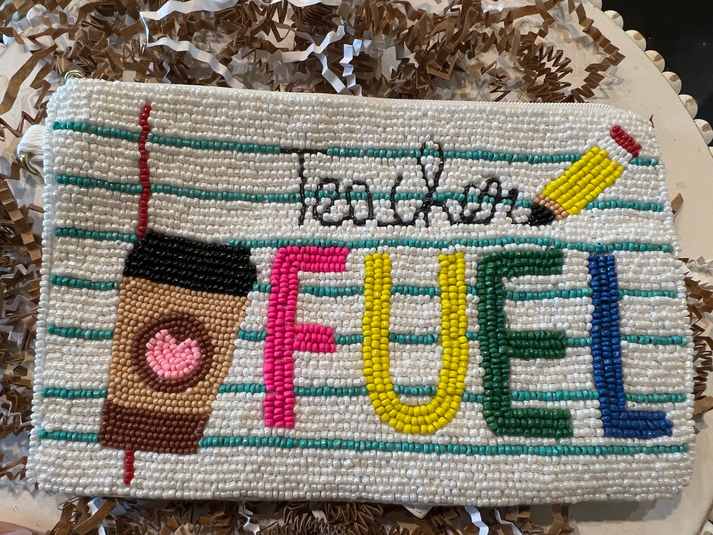 "Teacher Fuel" beaded coin purse.