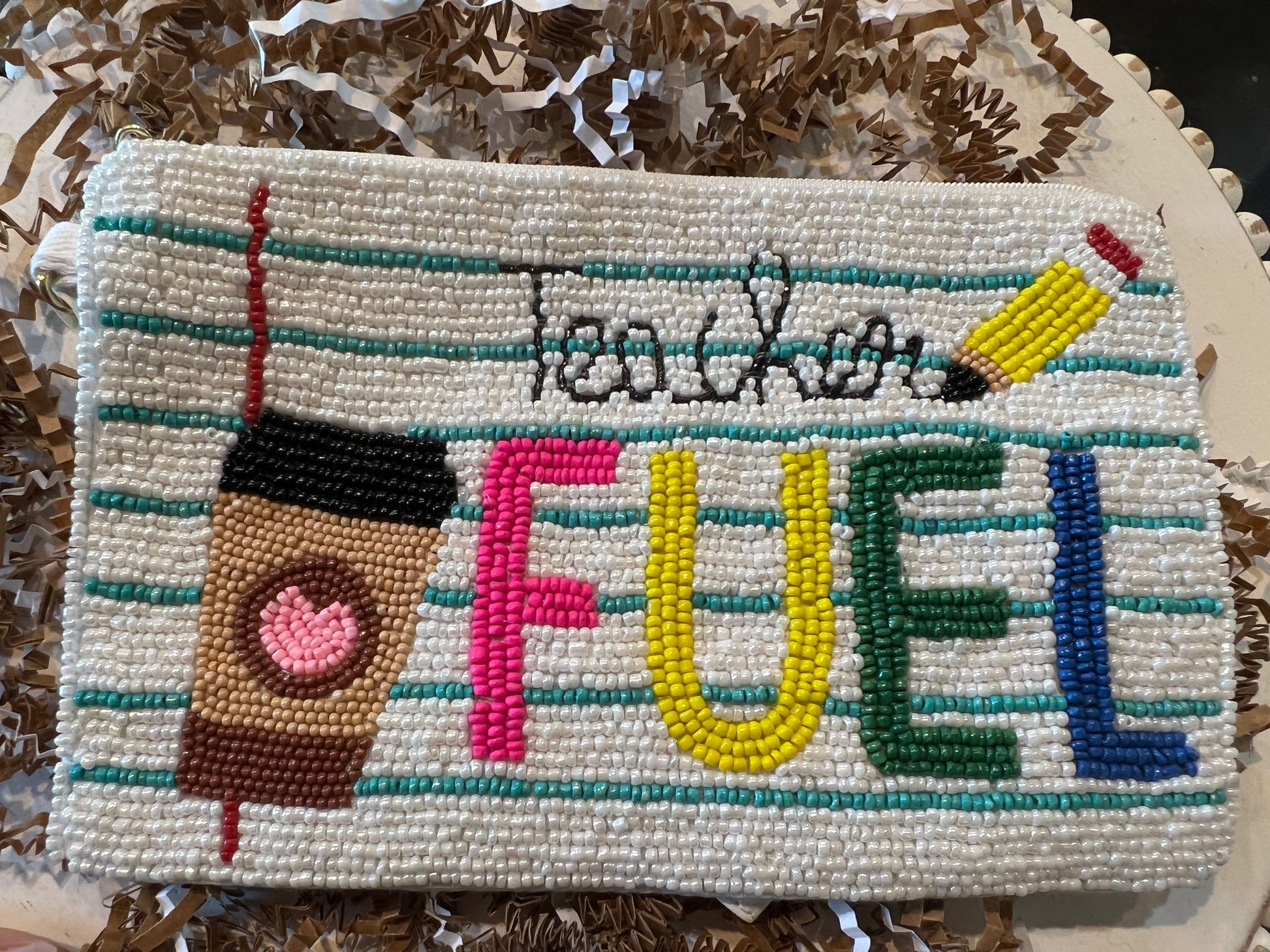 "Teacher Fuel" beaded coin purse.