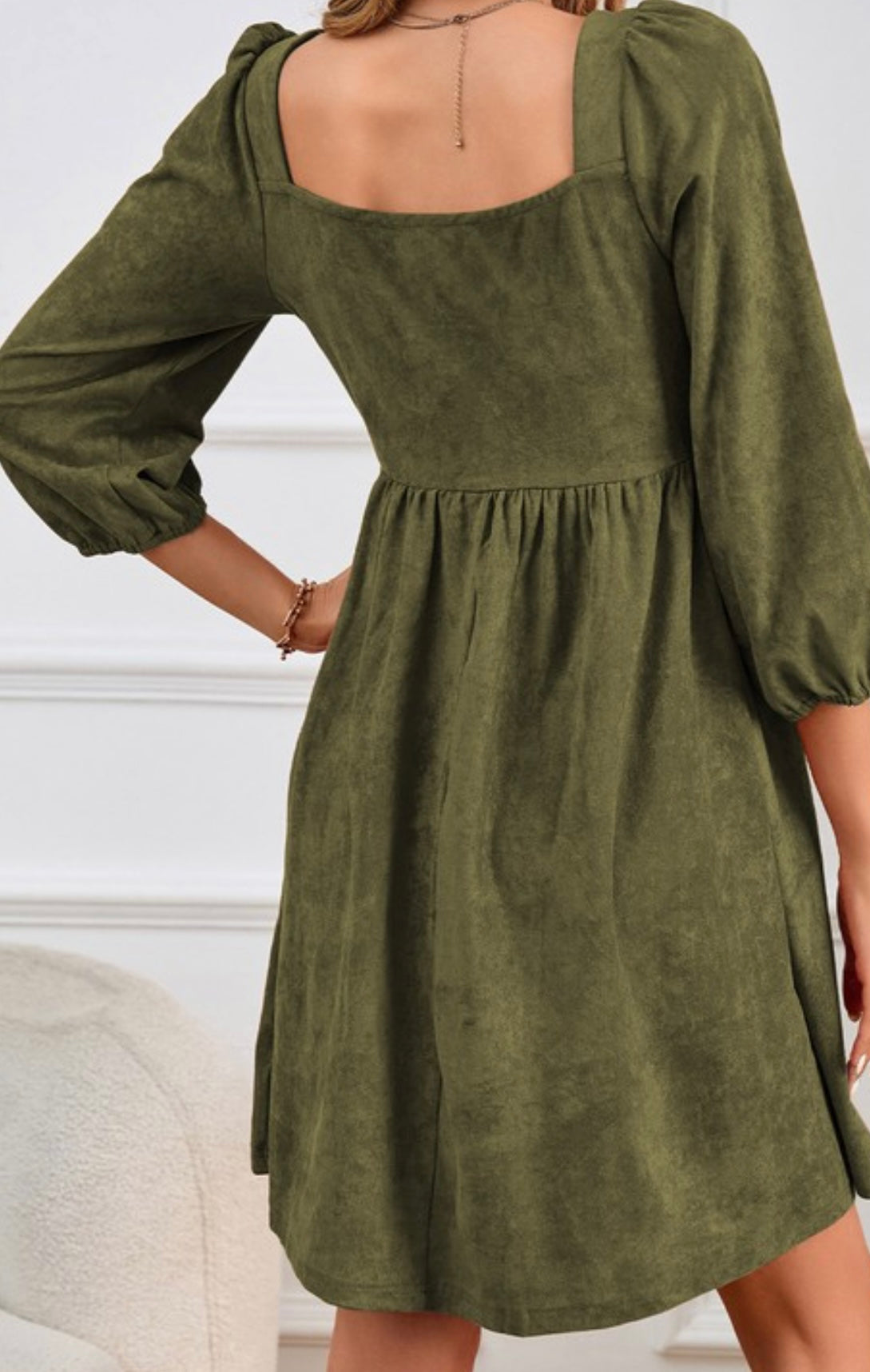 Olive Square Neck Suede Dress.