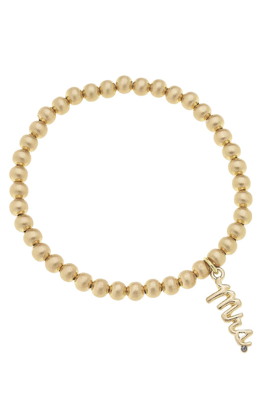 Canvas Mrs. Cursive Script Ball Bead Stretch Bracelet in Satin Gold