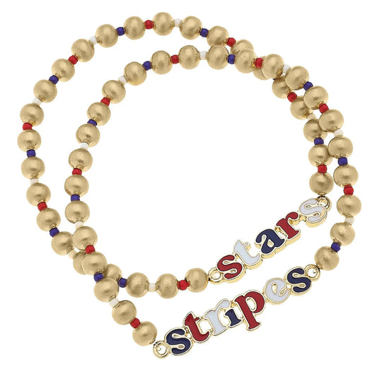 Canvas Stars & Stripes Ball Bead Stretch Bracelet Set of 2 in Satin Gold