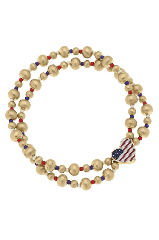 Canvas We Heart America 2-Row Ball Bead Stretch Bracelet in Satin Gold
