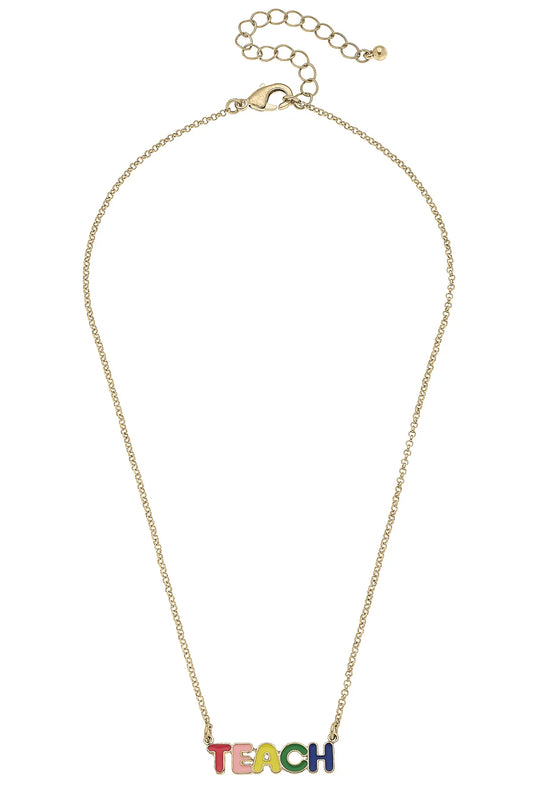 Canvas TEACH Enamel Bubble Letter Necklace in Rainbow Multi