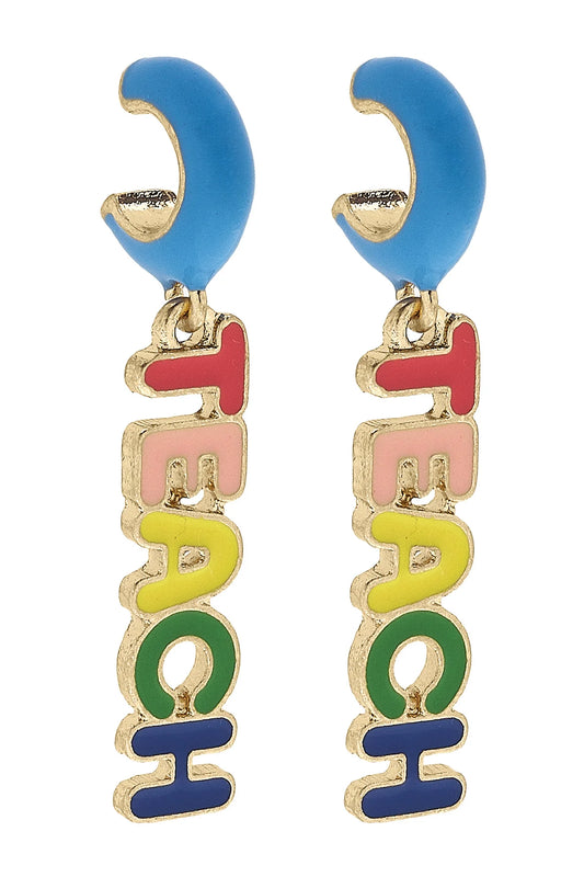 Canvas TEACH Bubble Letter Huggie Hoops Earrings in Rainbow Multi