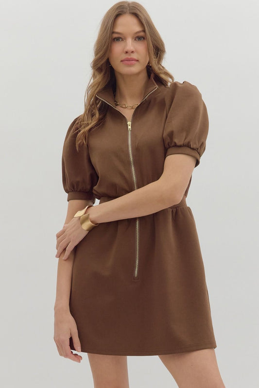 Puff Sleeved Zip-Up Dress