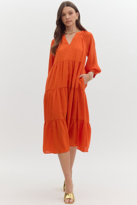 Textured V-Neck Tiered Midi Dress