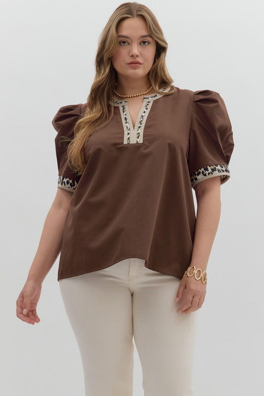 Puff Sleeve Leopard Trimmed Top