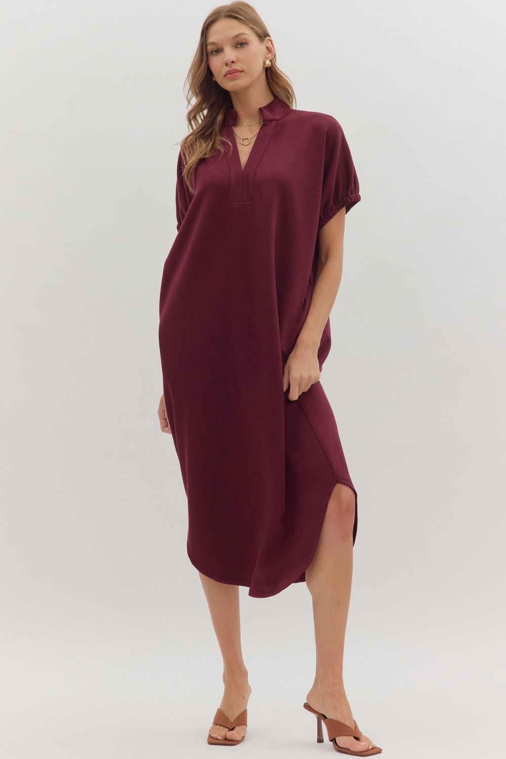 Short Sleeve V-Neck Midi Dress