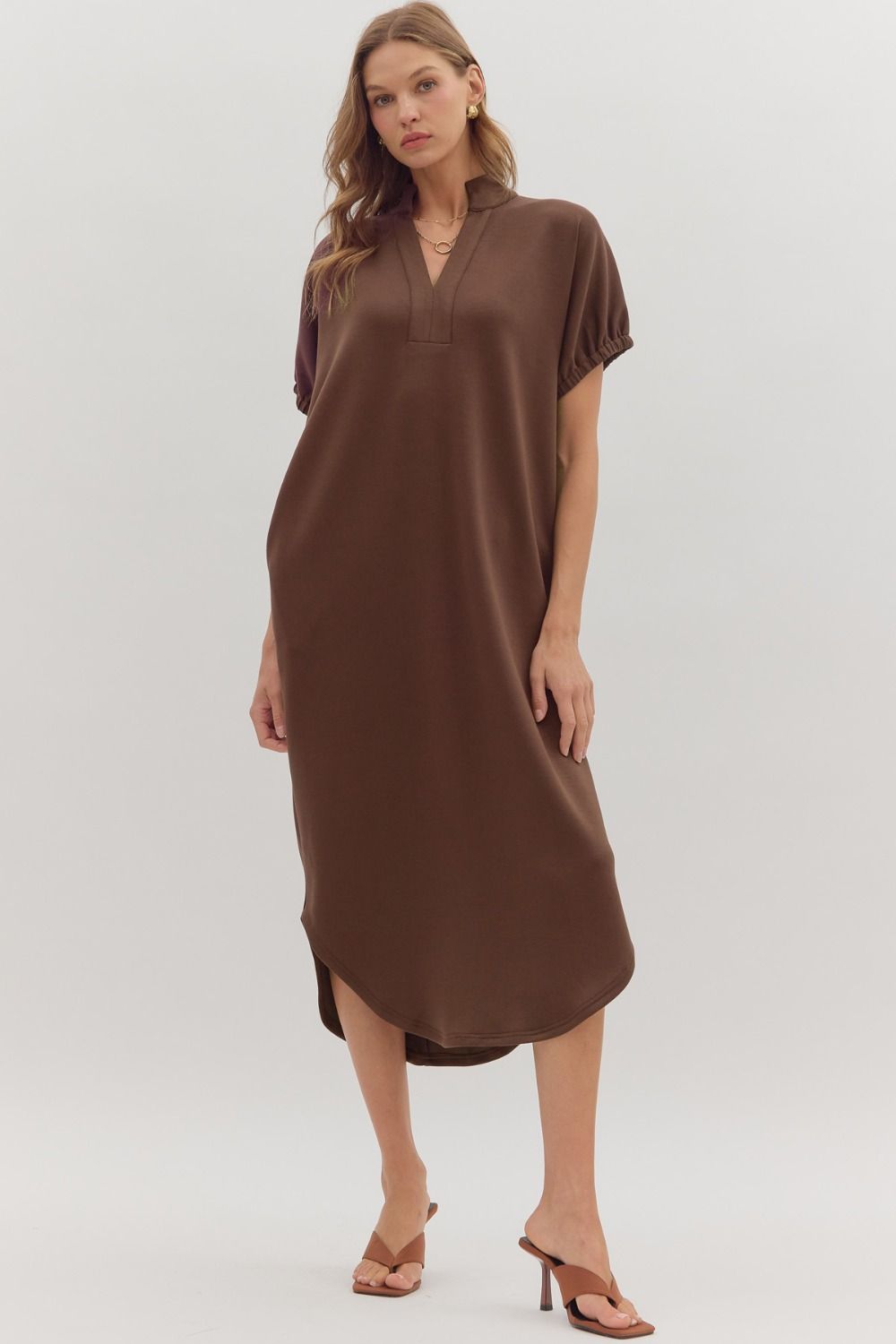 Short Sleeve V-Neck Midi Dress