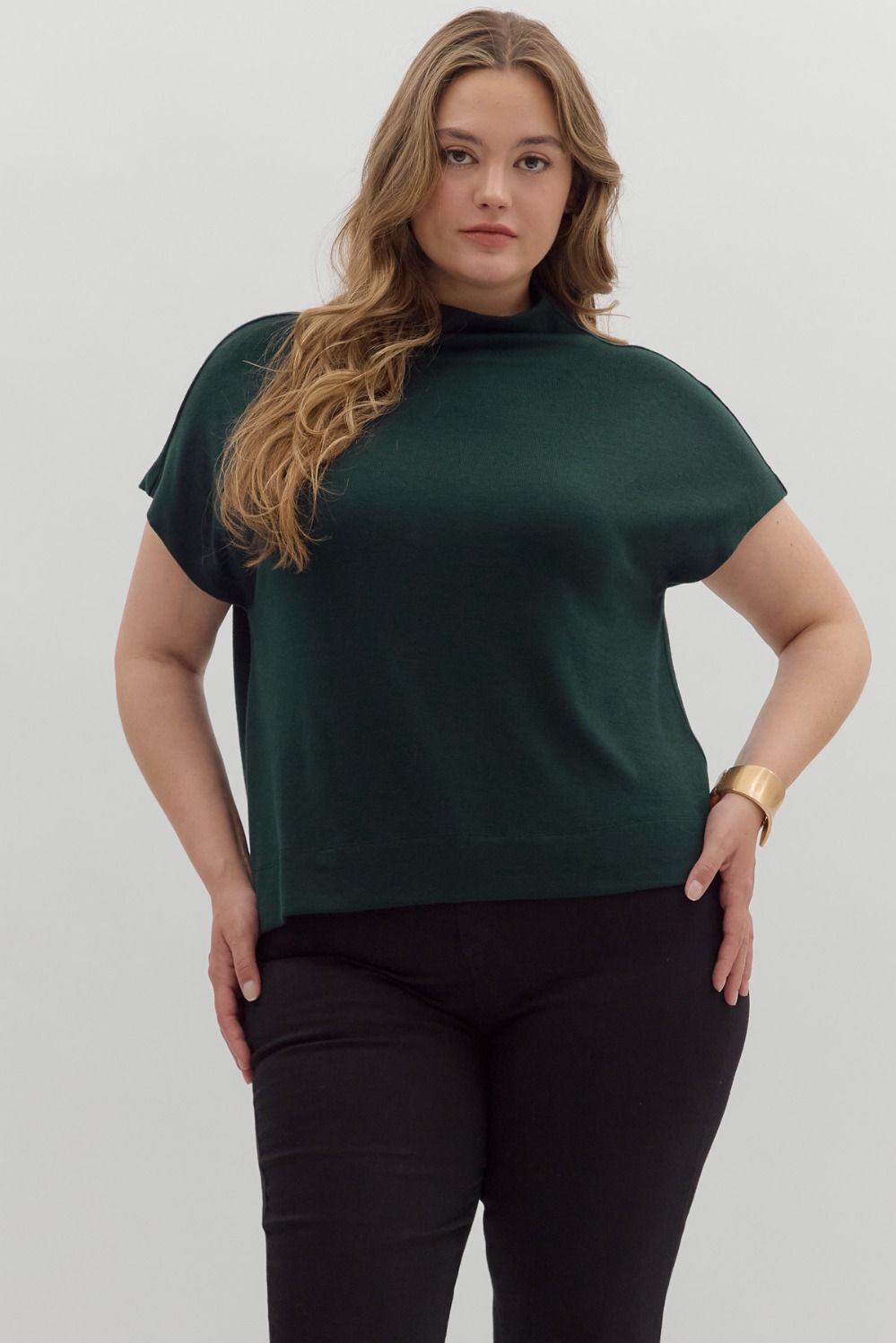 Plus Size Solid Mock Neck Top with Rolled Cuffs