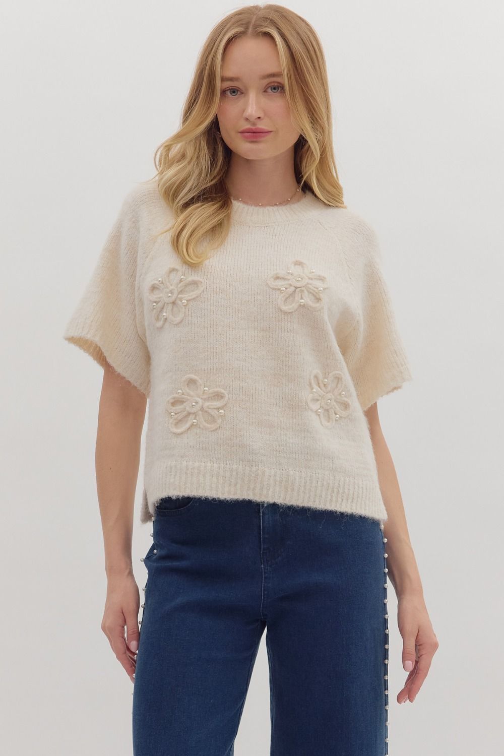 Pretty Pearled Flower Sweater