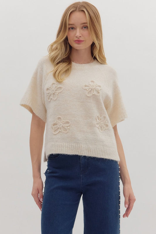 Pretty Pearled Flower Sweater