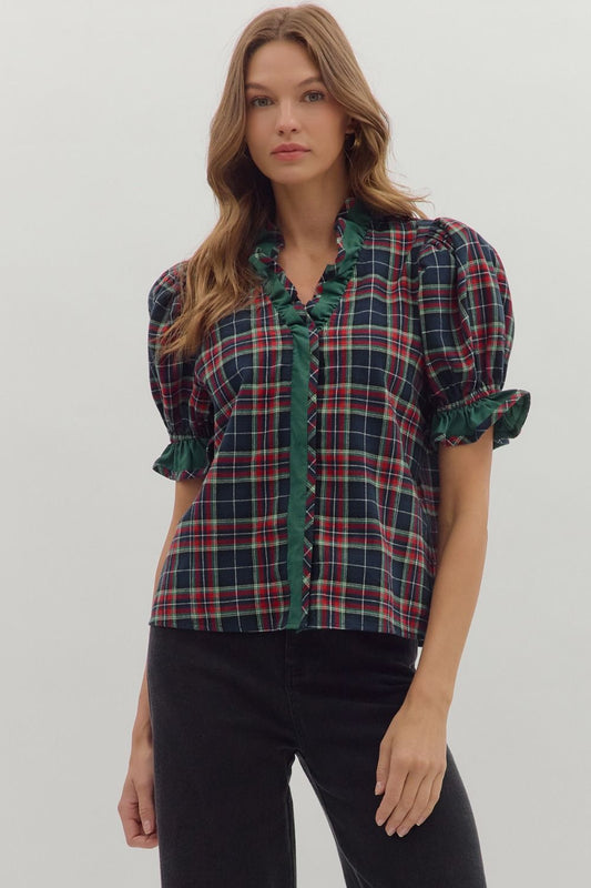 Plaid Short Sleeve Puff Top