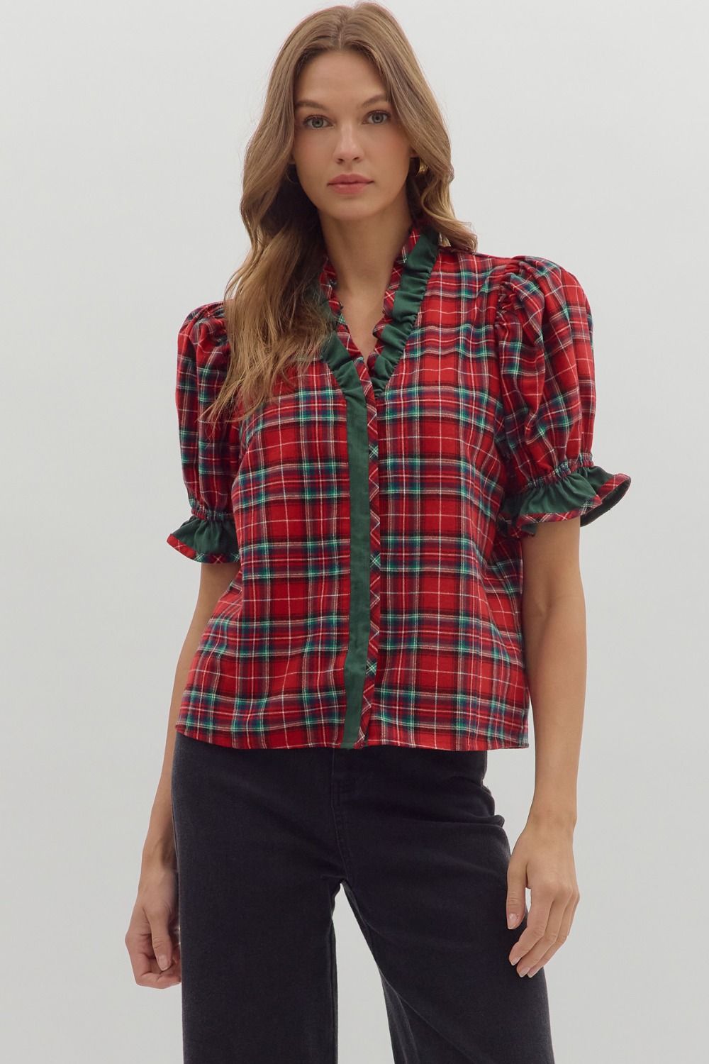 Plaid Short Sleeve Puff Top