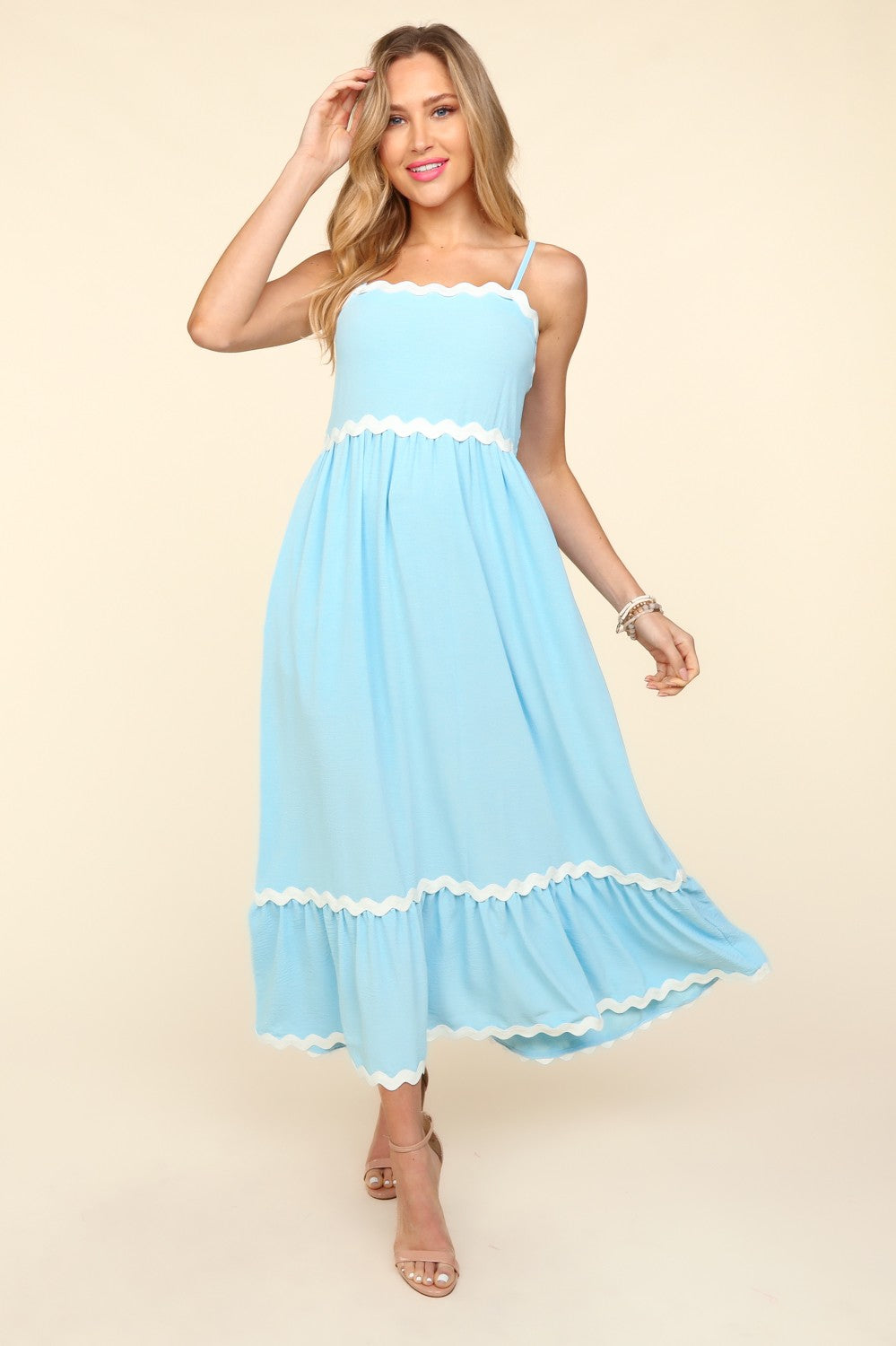 Solid Square Neck with Ric-Rac Trim Maxi Dress