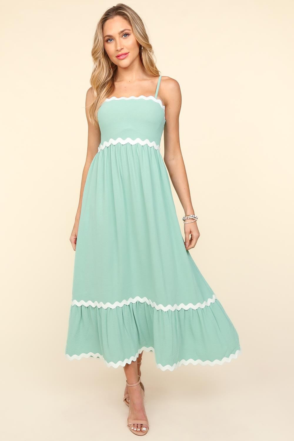 Solid Square Neck with Ric-Rac Trim Maxi Dress