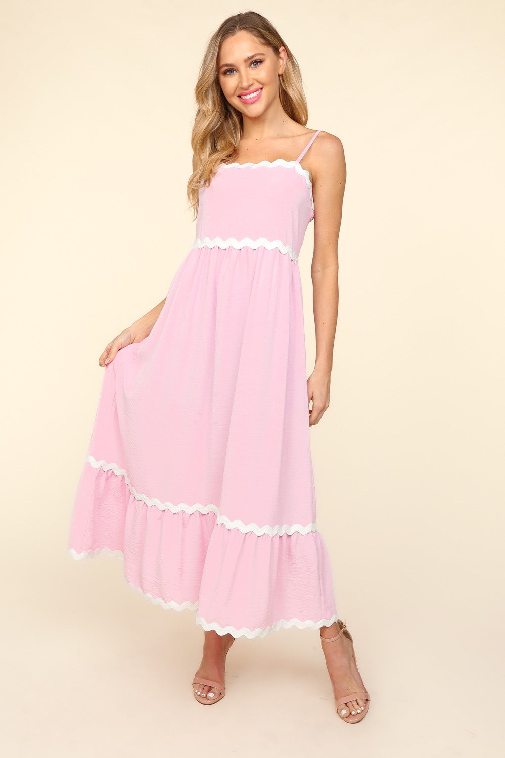 Solid Square Neck with Ric-Rac Trim Maxi Dress