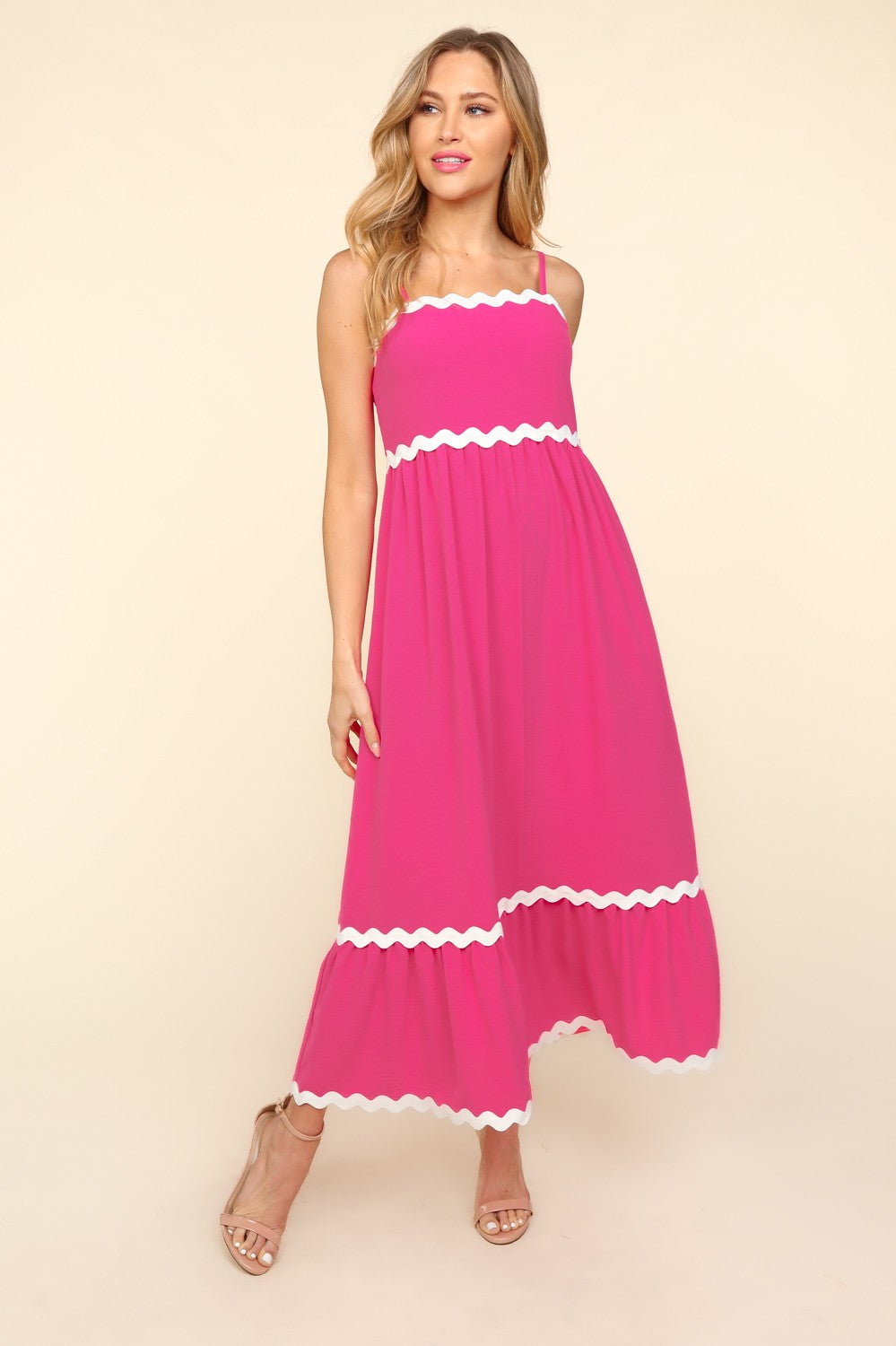 Solid Square Neck with Ric-Rac Trim Maxi Dress