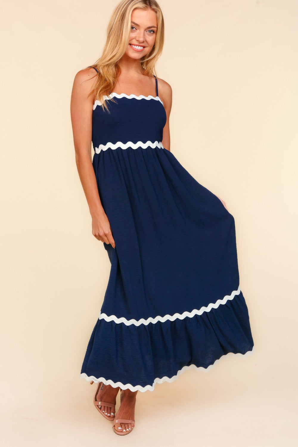 Solid Square Neck with Ric-Rac Trim Maxi Dress