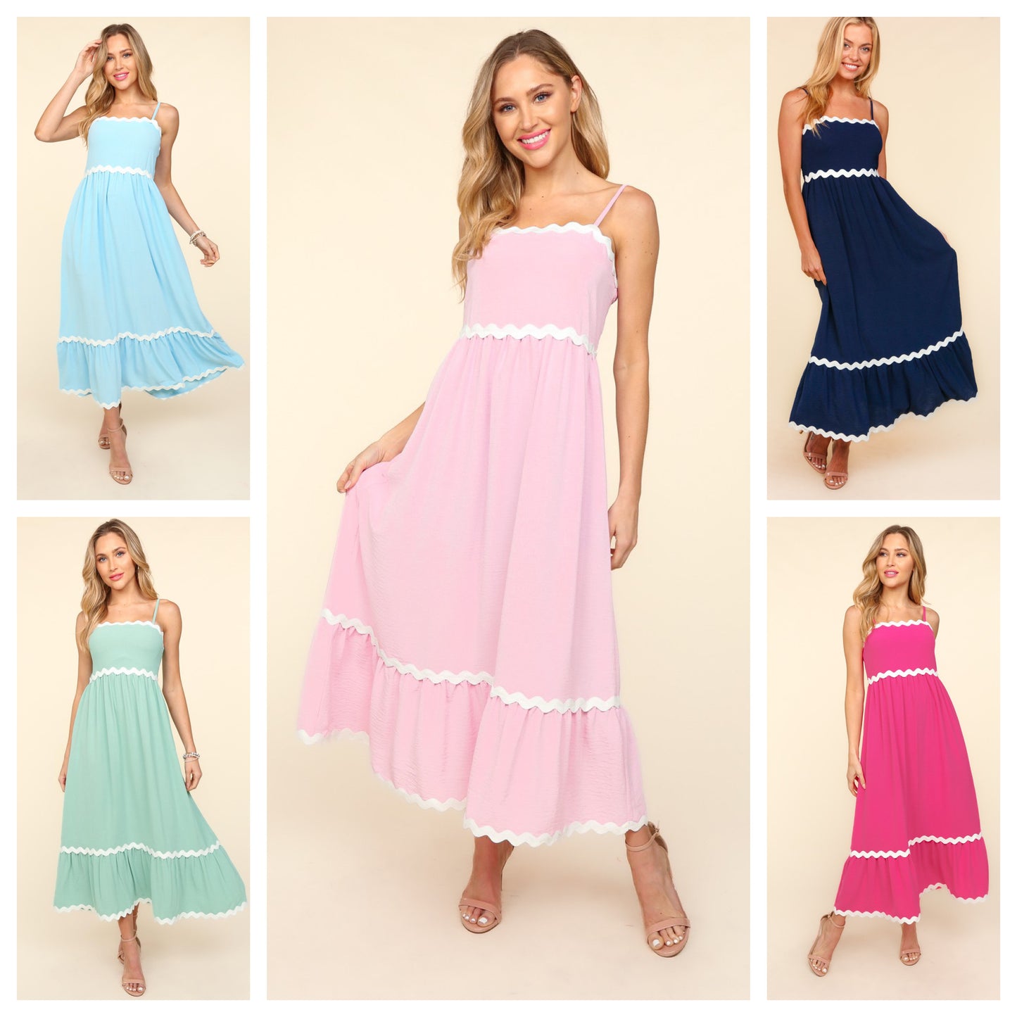 Solid Square Neck with Ric-Rac Trim Maxi Dress