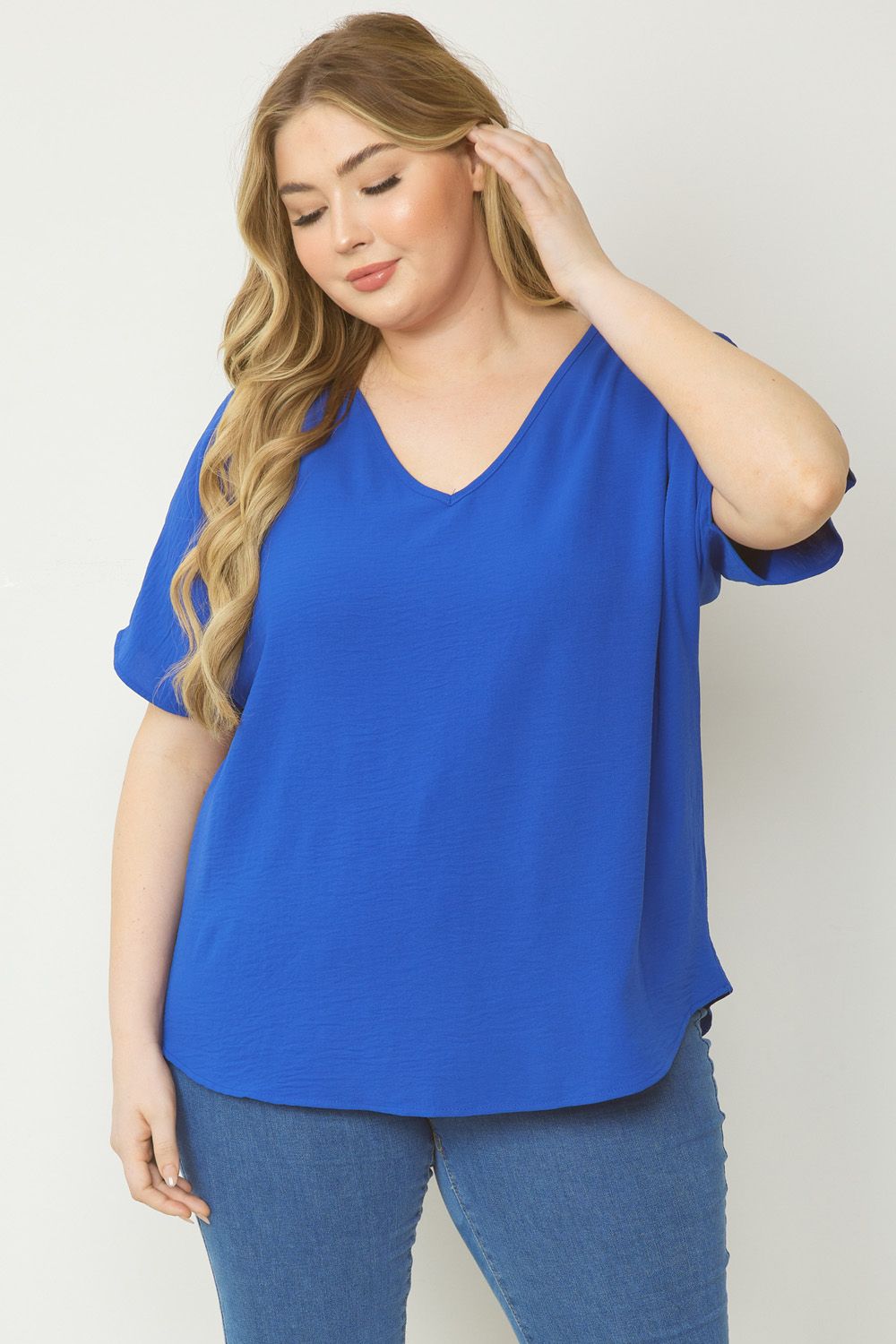Women's royal blue basic v-neck shirt.